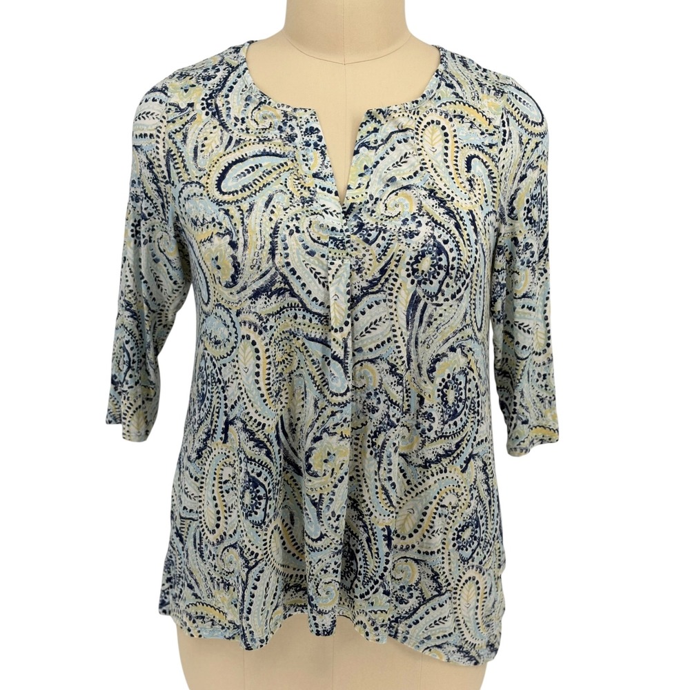 Artisan NY Top Blue Yellow Paisley Split Neck 3/4 Sleeve 1X
